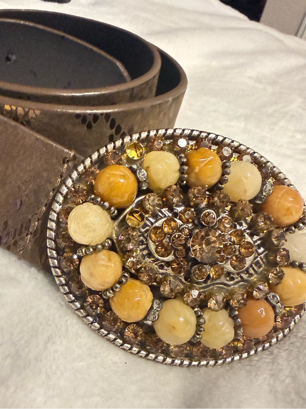 Chico's Gold-Tone Belt with Amber and Cream Jeweled Oval Buckle
